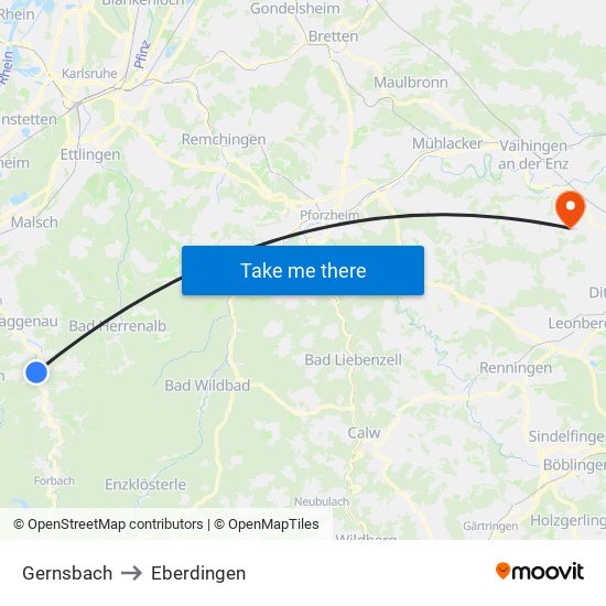 Gernsbach to Eberdingen map