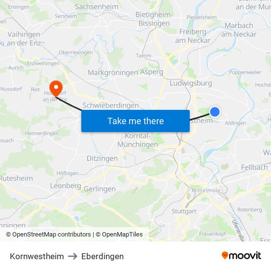 Kornwestheim to Eberdingen map