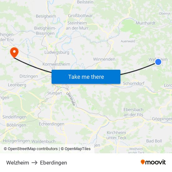 Welzheim to Eberdingen map