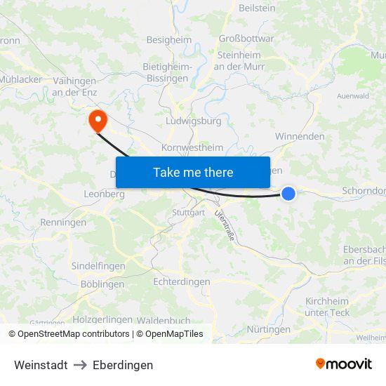 Weinstadt to Eberdingen map