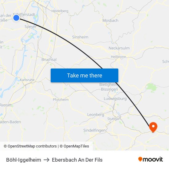 Böhl-Iggelheim to Ebersbach An Der Fils map