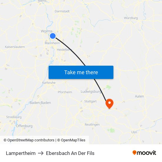 Lampertheim to Ebersbach An Der Fils map