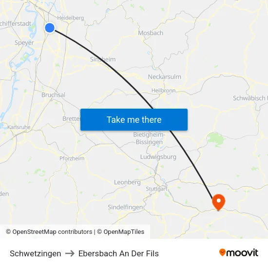 Schwetzingen to Ebersbach An Der Fils map