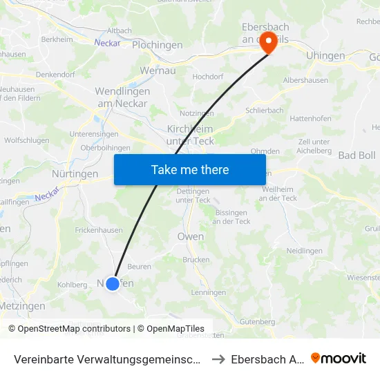 Vereinbarte Verwaltungsgemeinschaft Der Stadt Neuffen to Ebersbach An Der Fils map