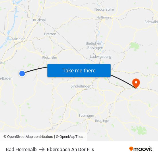Bad Herrenalb to Ebersbach An Der Fils map