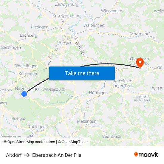 Altdorf to Ebersbach An Der Fils map