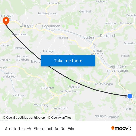 Amstetten to Ebersbach An Der Fils map