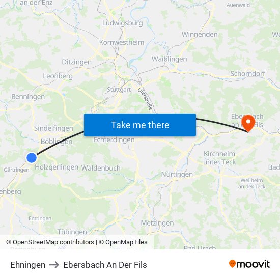 Ehningen to Ebersbach An Der Fils map