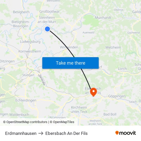 Erdmannhausen to Ebersbach An Der Fils map