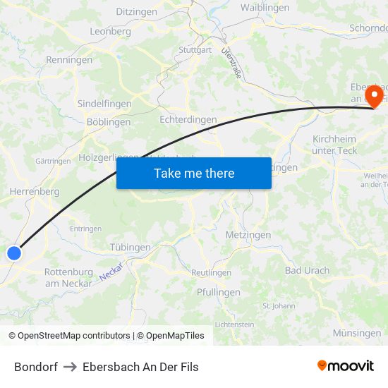 Bondorf to Ebersbach An Der Fils map