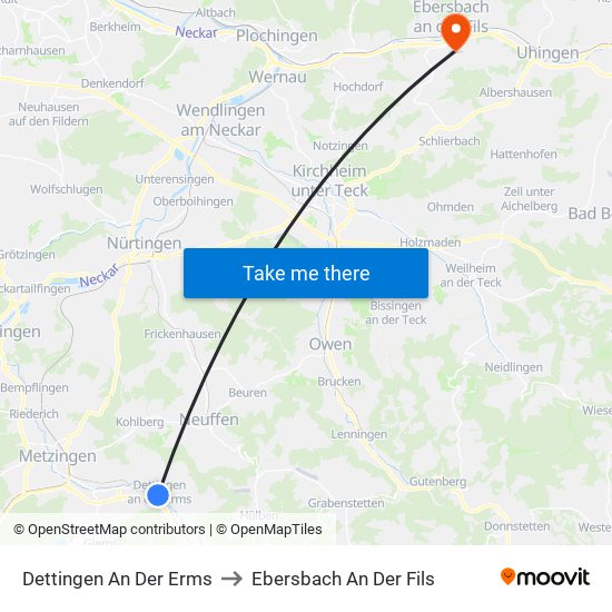 Dettingen An Der Erms to Ebersbach An Der Fils map