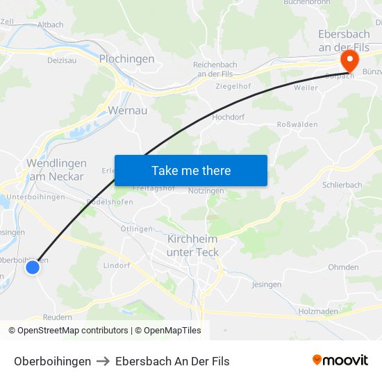 Oberboihingen to Ebersbach An Der Fils map