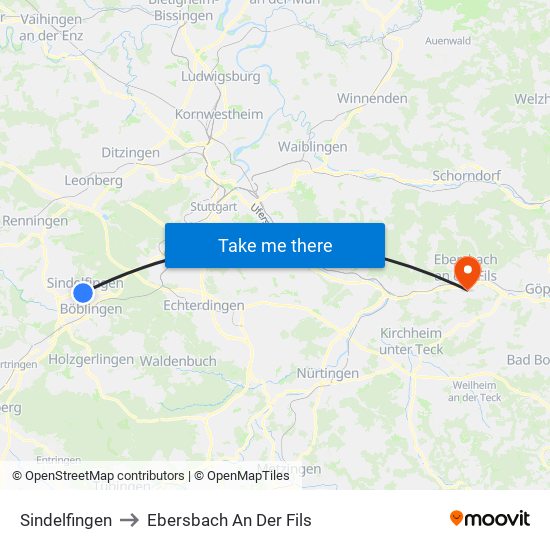 Sindelfingen to Ebersbach An Der Fils map