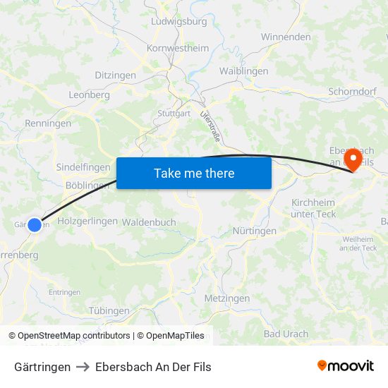 Gärtringen to Ebersbach An Der Fils map