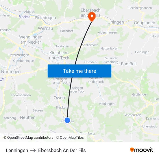 Lenningen to Ebersbach An Der Fils map