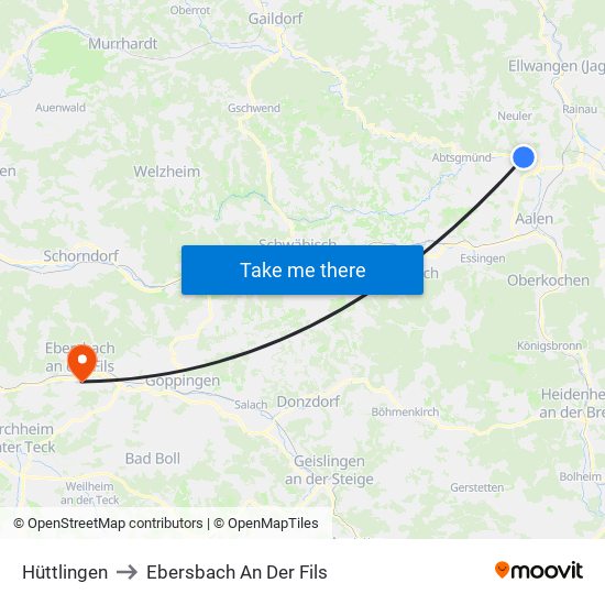 Hüttlingen to Ebersbach An Der Fils map