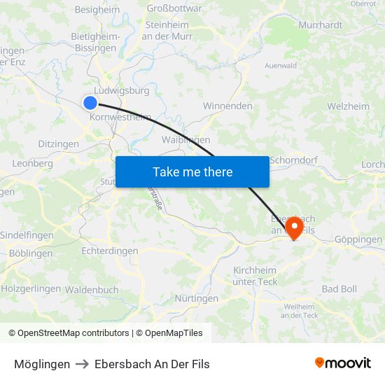 Möglingen to Ebersbach An Der Fils map