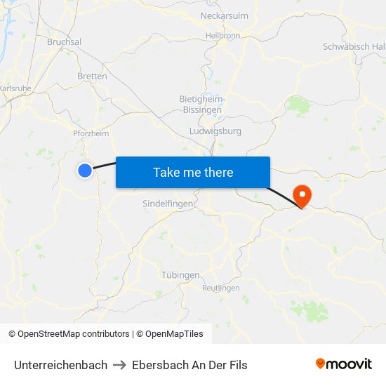 Unterreichenbach to Ebersbach An Der Fils map