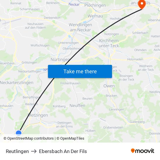 Reutlingen to Ebersbach An Der Fils map