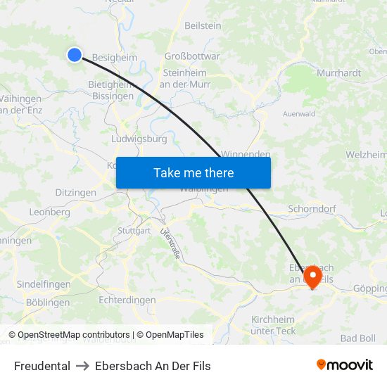 Freudental to Ebersbach An Der Fils map