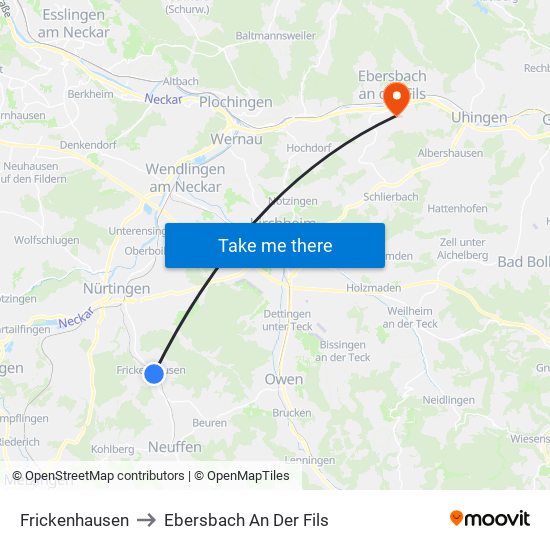 Frickenhausen to Ebersbach An Der Fils map