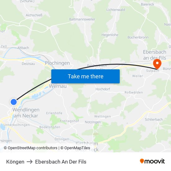 Köngen to Ebersbach An Der Fils map