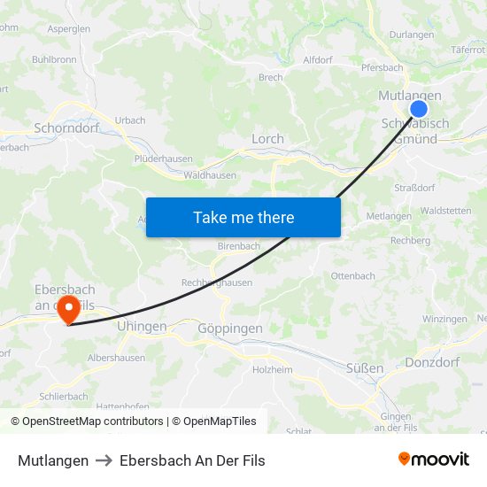 Mutlangen to Ebersbach An Der Fils map