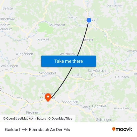Gaildorf to Ebersbach An Der Fils map