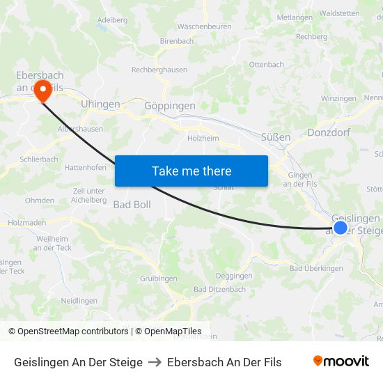 Geislingen An Der Steige to Ebersbach An Der Fils map