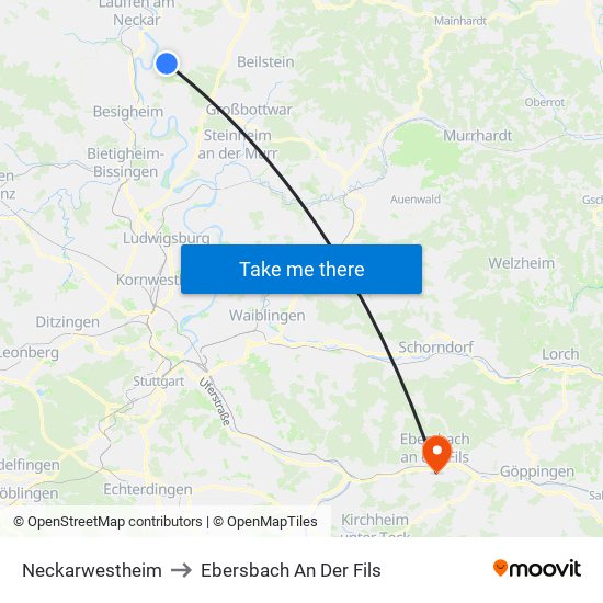 Neckarwestheim to Ebersbach An Der Fils map