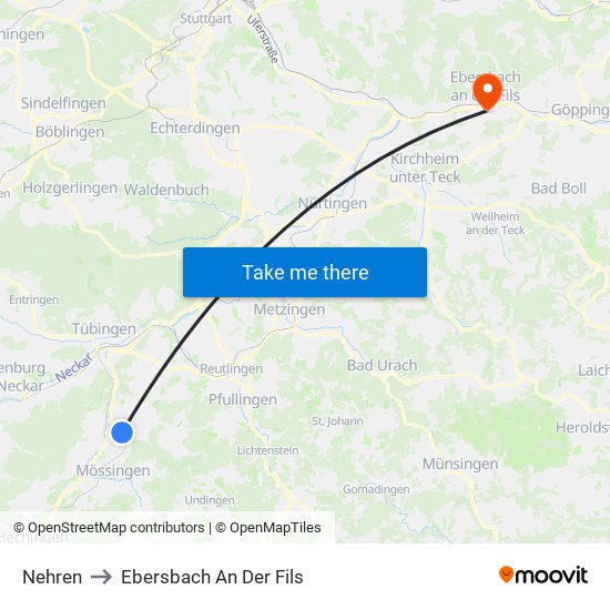 Nehren to Ebersbach An Der Fils map