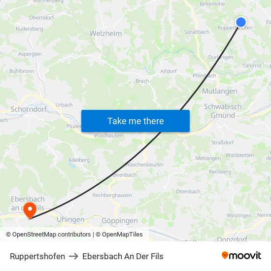 Ruppertshofen to Ebersbach An Der Fils map