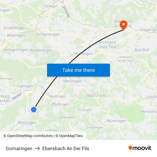 Gomaringen to Ebersbach An Der Fils map