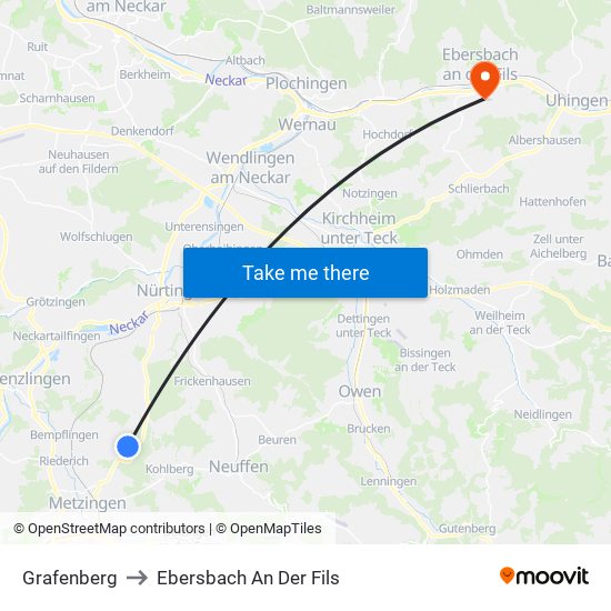 Grafenberg to Ebersbach An Der Fils map