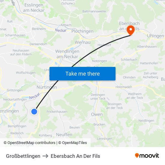 Großbettlingen to Ebersbach An Der Fils map