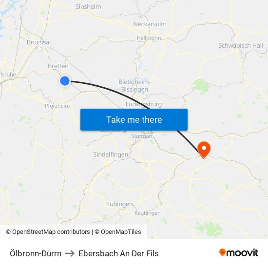 Ölbronn-Dürrn to Ebersbach An Der Fils map