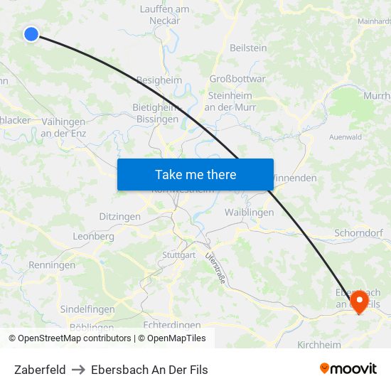 Zaberfeld to Ebersbach An Der Fils map