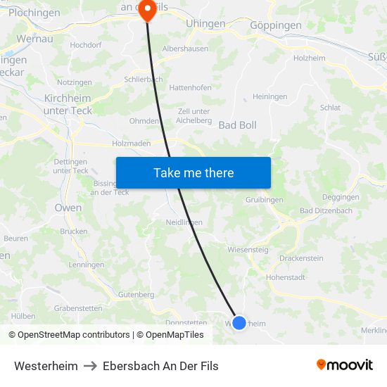 Westerheim to Ebersbach An Der Fils map