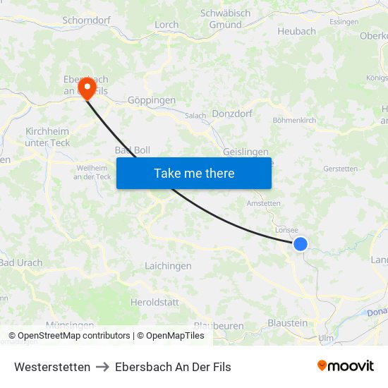 Westerstetten to Ebersbach An Der Fils map