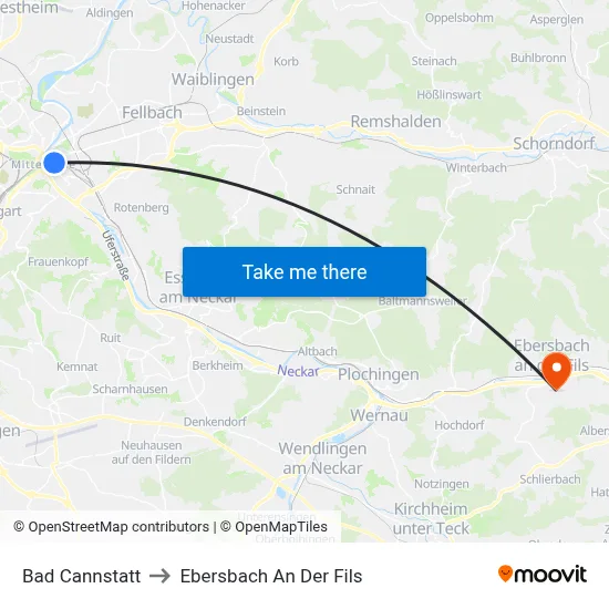 Bad Cannstatt to Ebersbach An Der Fils map