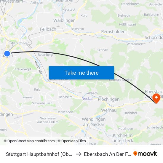 Stuttgart Hauptbahnhof (Oben) to Ebersbach An Der Fils map