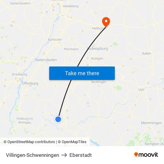 Villingen-Schwenningen to Eberstadt map