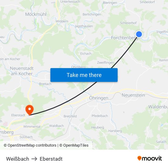 Weißbach to Eberstadt map