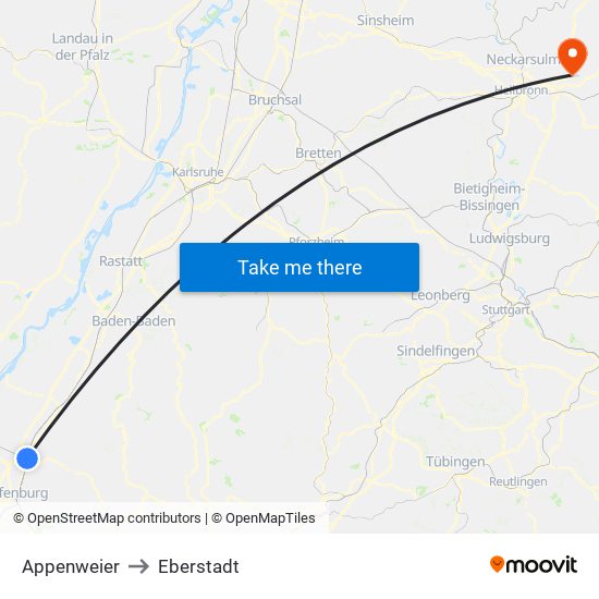 Appenweier to Eberstadt map