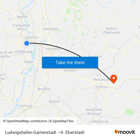 Ludwigshafen-Gartenstadt to Eberstadt map