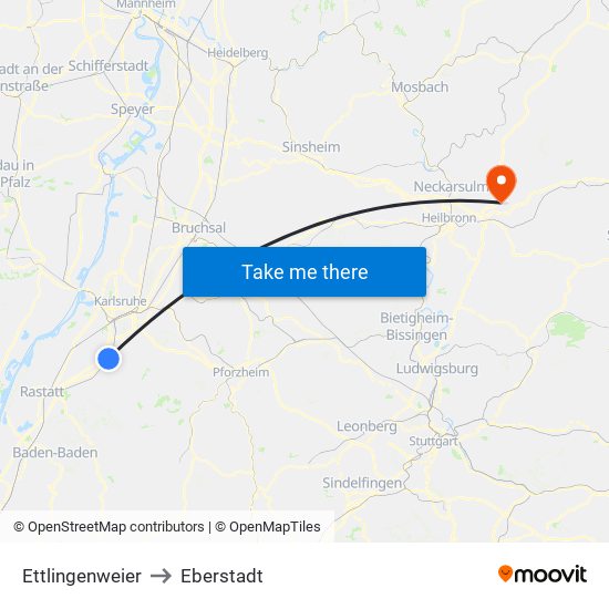 Ettlingenweier to Eberstadt map