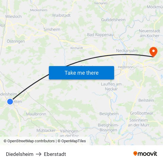 Diedelsheim to Eberstadt map