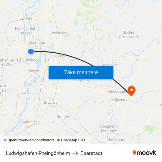 Ludwigshafen-Rheingönheim to Eberstadt map