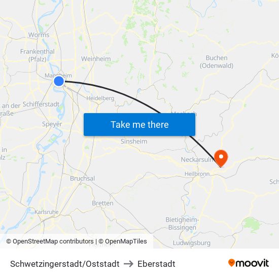 Schwetzingerstadt/Oststadt to Eberstadt map