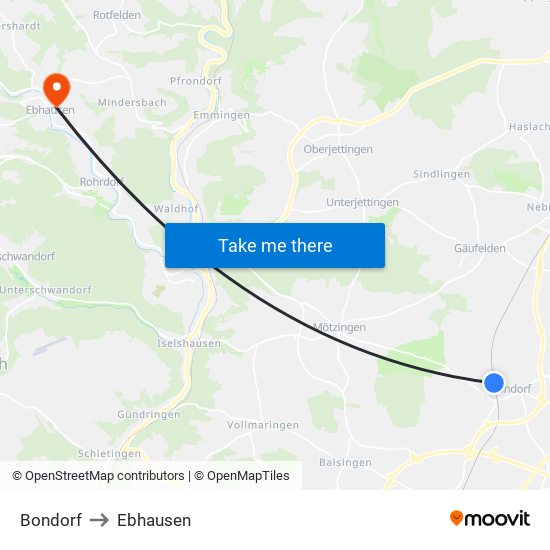 Bondorf to Ebhausen map